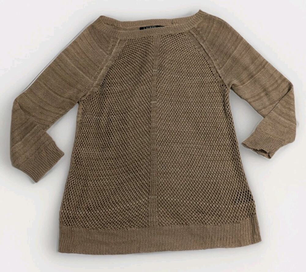 Lauren Ralph Lauren Denim Womens Small Open Knit Sweater Tan Boho Crochet